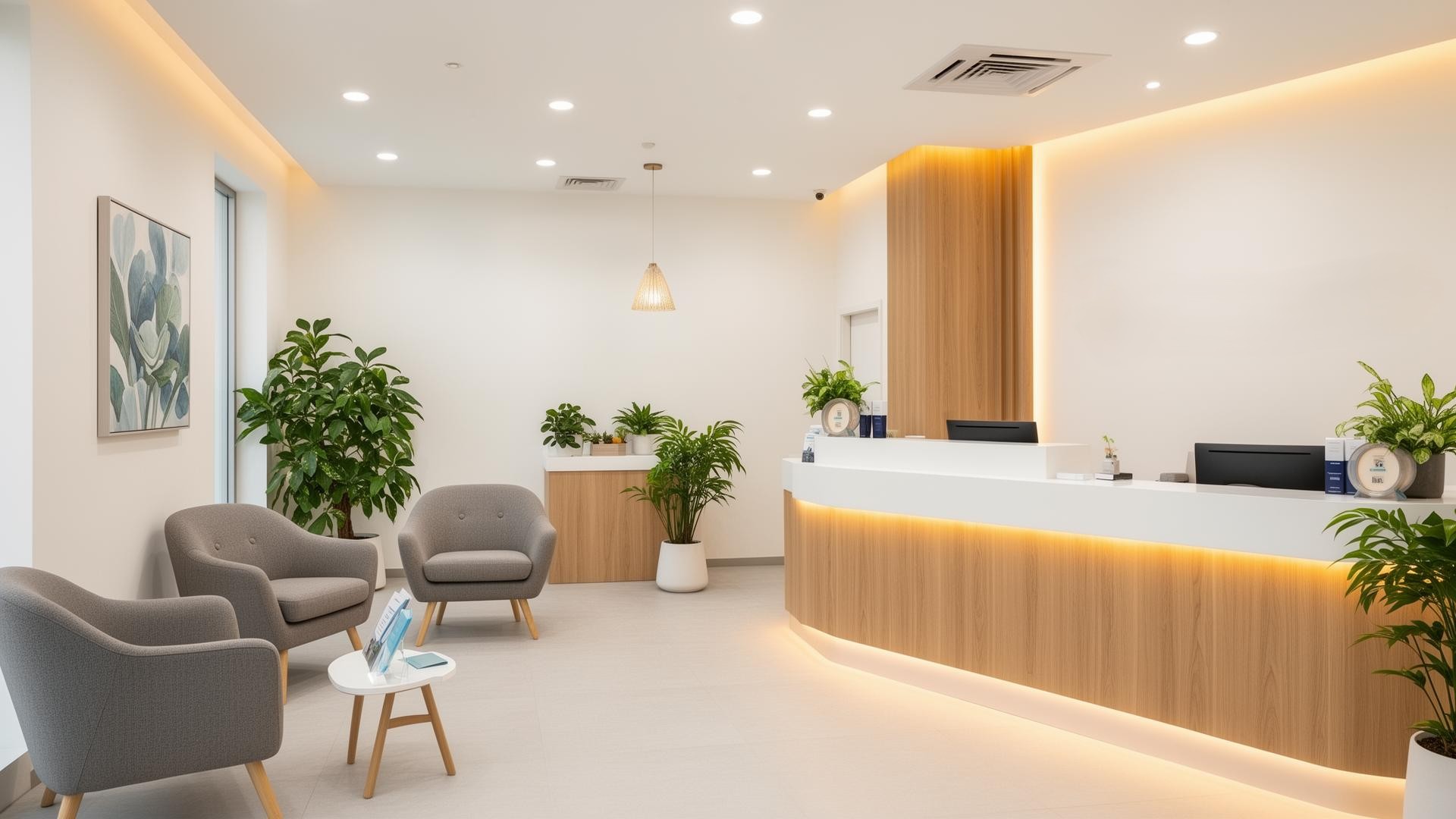 Bright dental reception with comfortable chairs and natural wood finishes