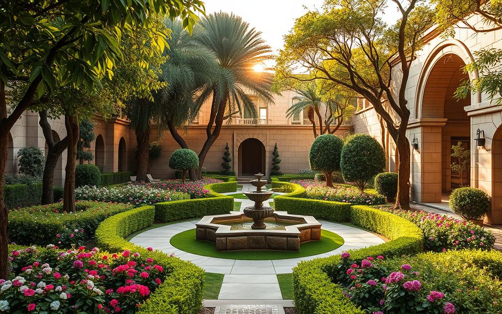 Formal courtyard garden with clipped hedges, mature trees, and a central fountain