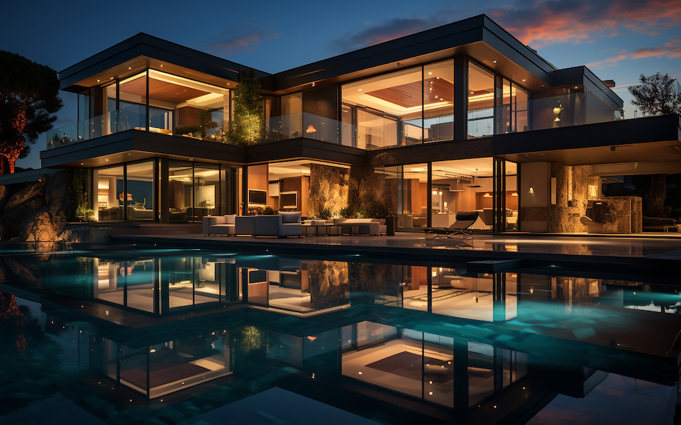 Contemporary glass residence reflected in a pool at dusk
